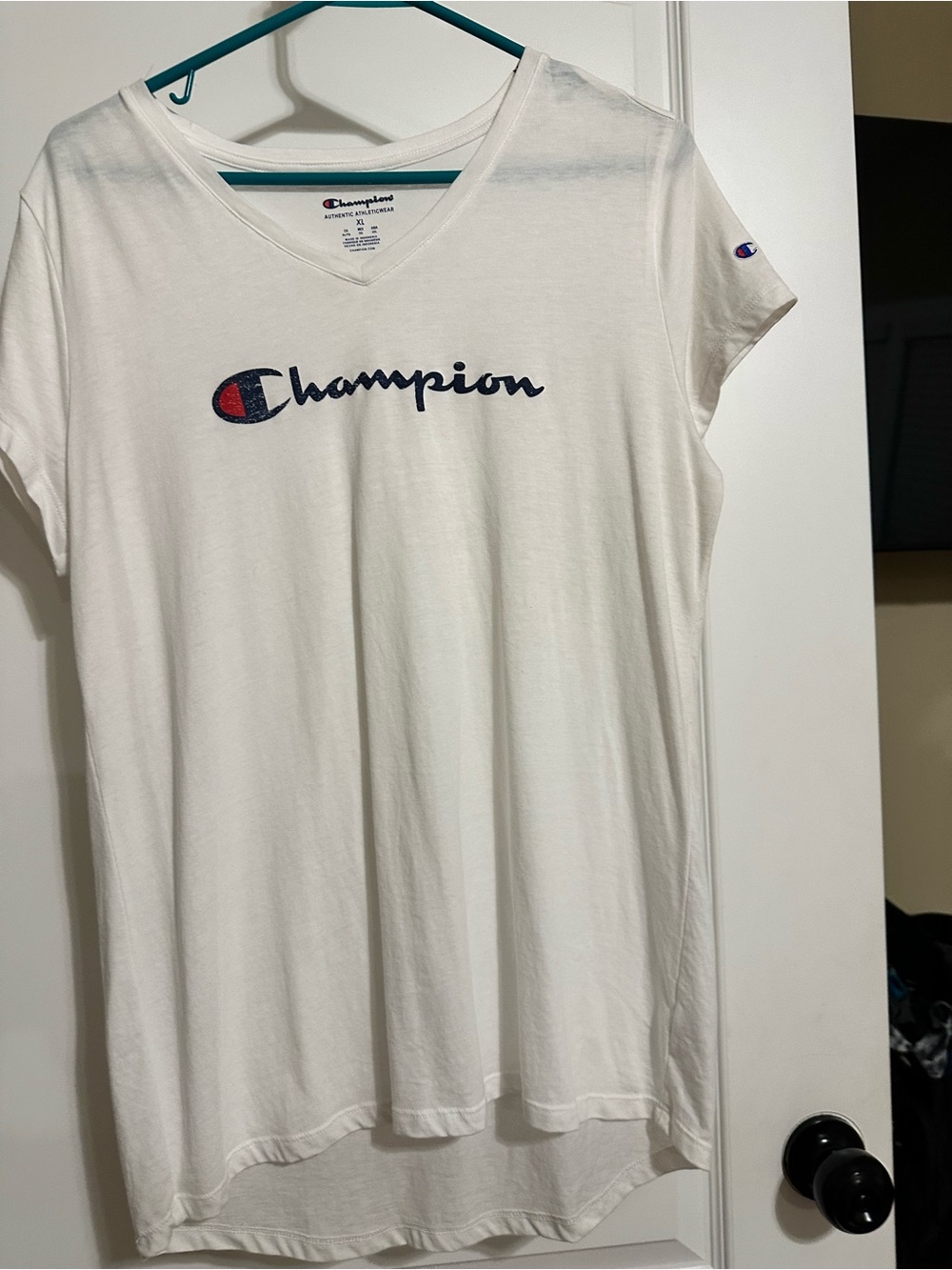 Champion White V-Neck Script Logo Tee with Navy & Red Accent